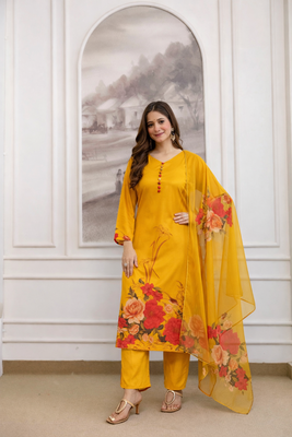 a-line floral printed kurti pant set with digital print dupatta (s to xxl) 1