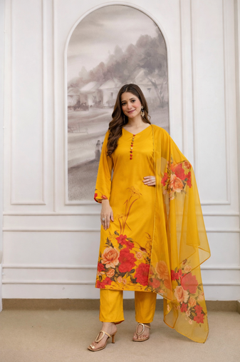 a-line floral printed kurti pant set with digital print dupatta (s to xxl)