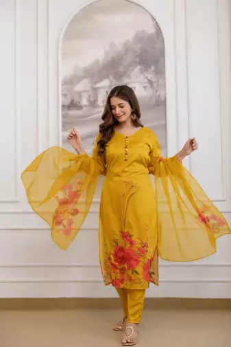 a-line floral printed kurti pant set with digital print dupatta (s to xxl)