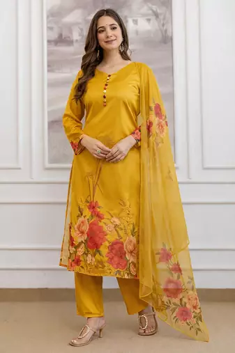 a-line floral printed kurti pant set with digital print dupatta (s to xxl)