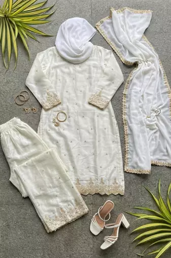White silk embroidered salwar kameez
