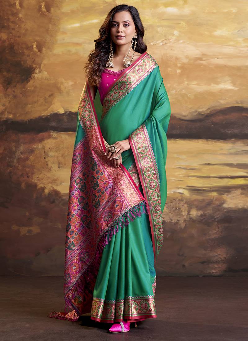 Turquoise patola silk blend party wear saree