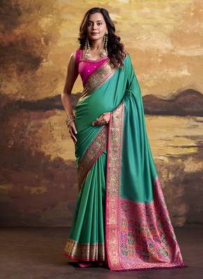 Turquoise patola silk blend party wear saree 2