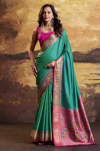 Turquoise patola silk blend party wear saree