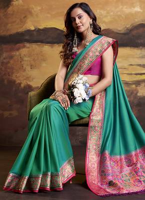Turquoise patola silk blend party wear saree 3