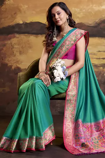Turquoise patola silk blend party wear saree
