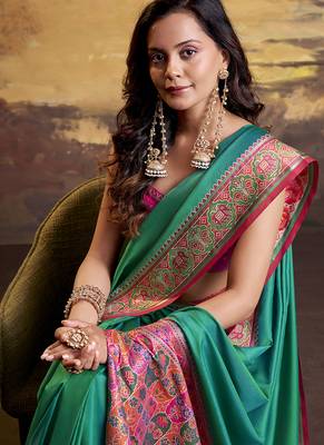 Turquoise patola silk blend party wear saree 4