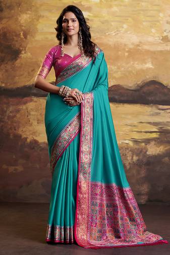Aqua blue patola silk blend party wear saree