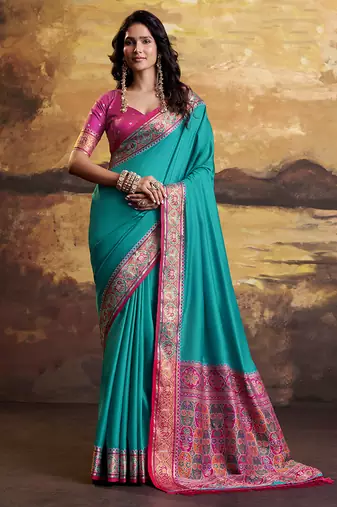 Aqua blue patola silk blend party wear saree