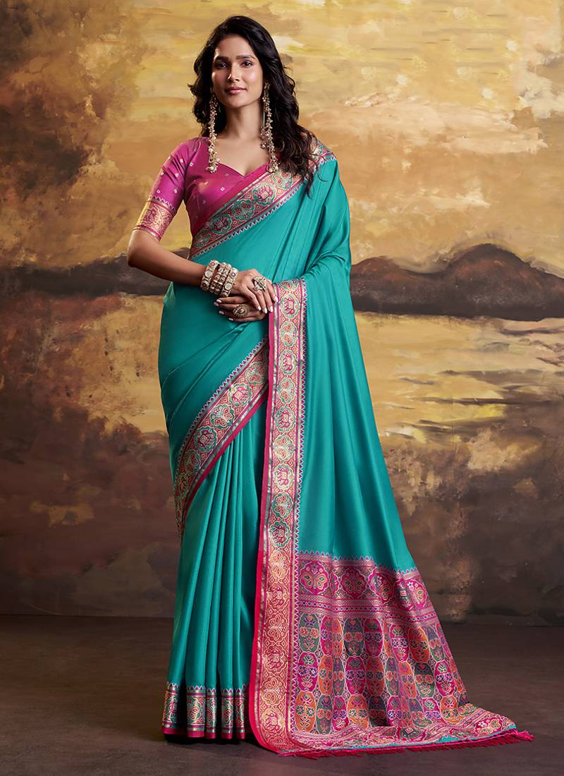 Aqua blue patola silk blend party wear saree