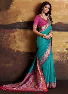 Aqua blue patola silk blend party wear saree 2
