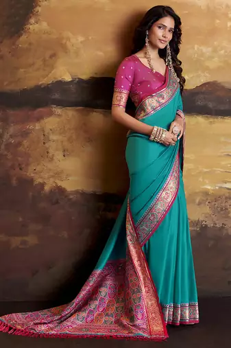 Aqua blue patola silk blend party wear saree