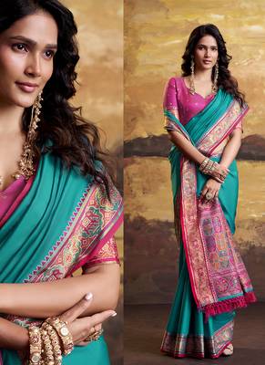 Aqua blue patola silk blend party wear saree 3