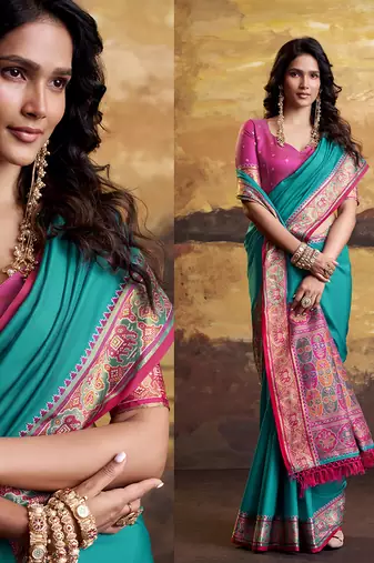 Aqua blue patola silk blend party wear saree