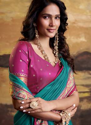 Aqua blue patola silk blend party wear saree 4