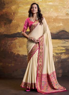 Cream patola silk blend party wear saree 1