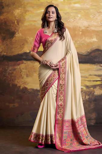 Cream patola silk blend party wear saree
