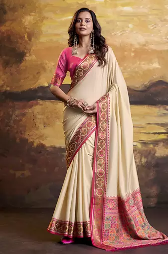 Cream patola silk blend party wear saree