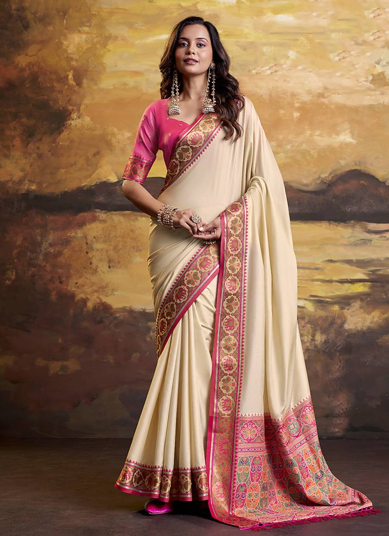 Cream patola silk blend party wear saree