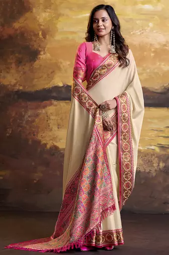 Cream patola silk blend party wear saree
