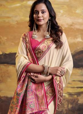 Cream patola silk blend party wear saree 3