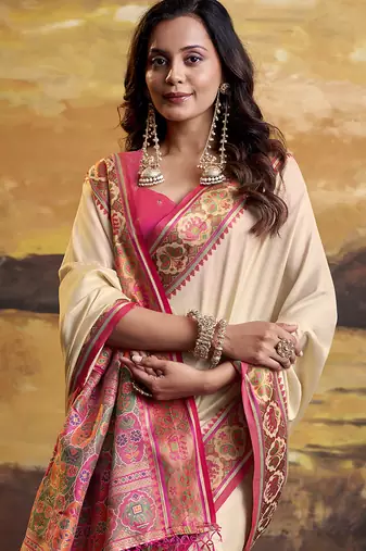Cream patola silk blend party wear saree