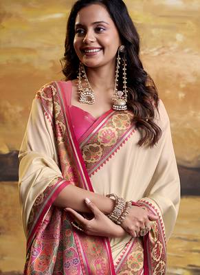 Cream patola silk blend party wear saree 4