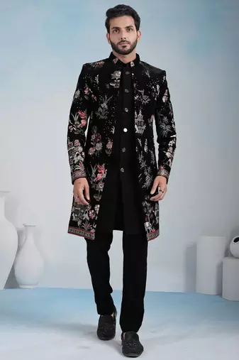 Black velvet premium designer festive wear indo western set
