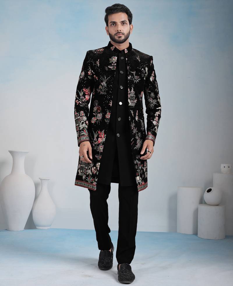Black velvet premium designer festive wear indo western set