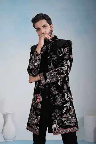 Black velvet premium designer festive wear indo western set