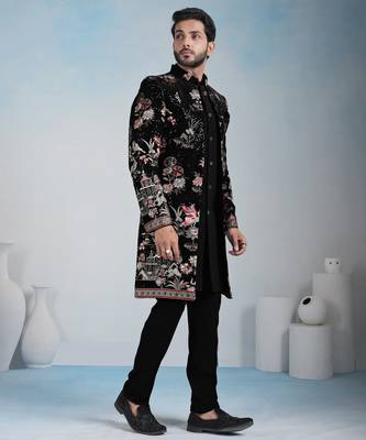 Black velvet premium designer festive wear indo western set 3