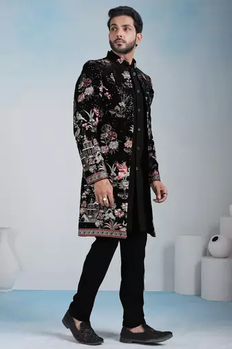 Black velvet premium designer festive wear indo western set