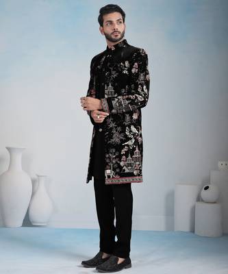 Black velvet premium designer festive wear indo western set 4