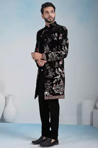 Black velvet premium designer festive wear indo western set