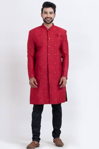 Red cotton silk jacquard premium designer festive wear indo western set