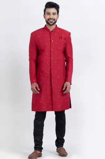 Red cotton silk jacquard premium designer festive wear indo western set