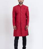 Red cotton silk jacquard premium designer festive wear indo western set