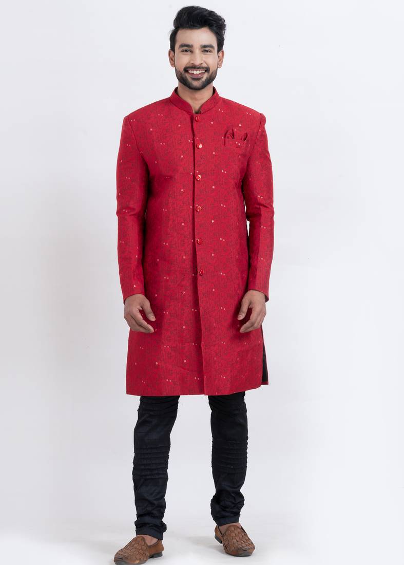 Red cotton silk jacquard premium designer festive wear indo western set