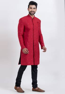 Red cotton silk jacquard premium designer festive wear indo western set 2
