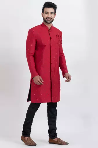 Red cotton silk jacquard premium designer festive wear indo western set