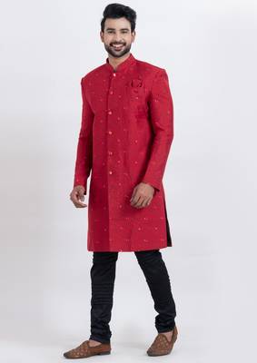 Red cotton silk jacquard premium designer festive wear indo western set 3