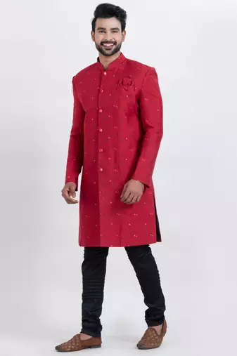 Red cotton silk jacquard premium designer festive wear indo western set