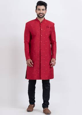 Red cotton silk jacquard premium designer festive wear indo western set 4