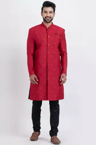 Red cotton silk jacquard premium designer festive wear indo western set