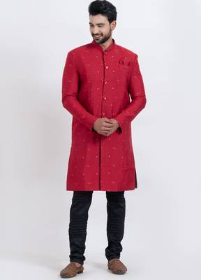 Red cotton silk jacquard premium designer festive wear indo western set 5