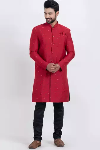 Red cotton silk jacquard premium designer festive wear indo western set