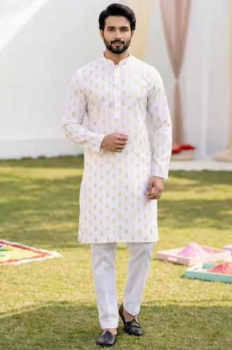 White cotton digital print premium designer festive wear kurta trouser set