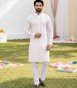 White cotton digital print premium designer festive wear kurta trouser set