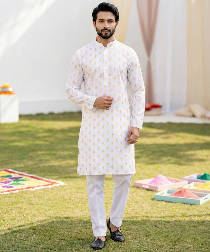 White cotton digital print premium designer festive wear kurta trouser set