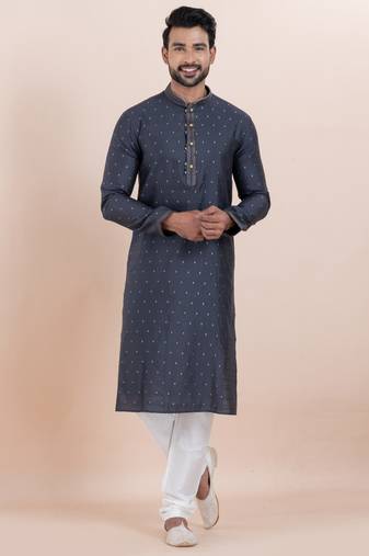 Navy blue cotton silk jacquard premium designer festive wear kurta pyjama set
